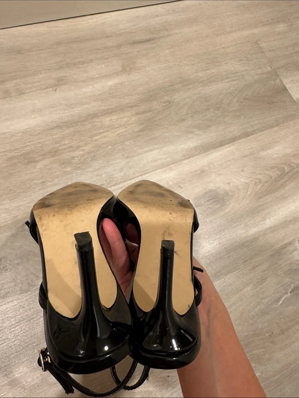 Steve Madden Black Patent Pointed-Toe Strappy Slingback Heels with Gold Buckles